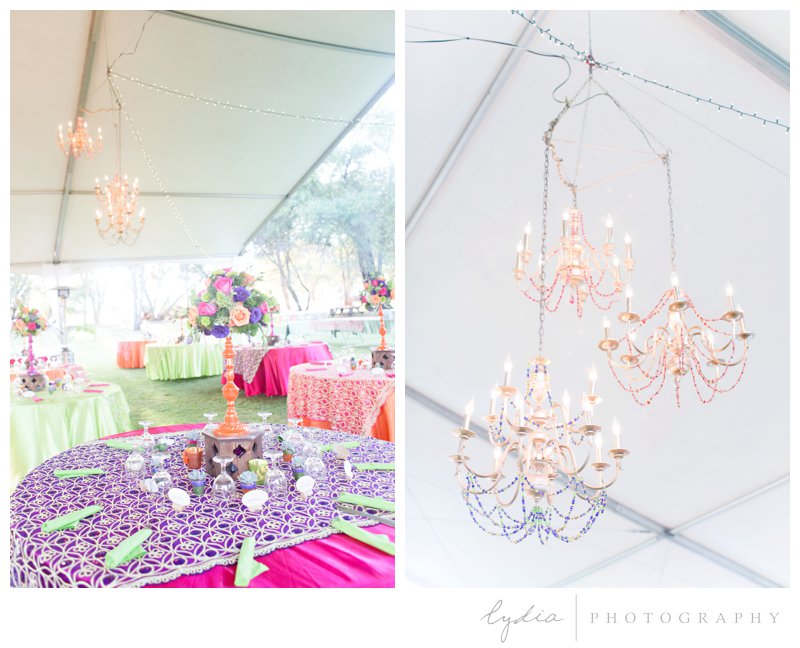 Table setting and chandelier for an Indian styled wedding in Browns Valley, California.