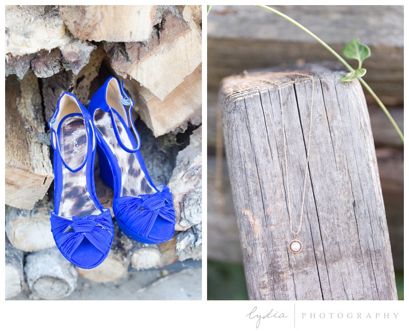 Bride's blue heels and necklace at a barn wedding at Squirrel Creek Ranch in Grass Valley, California.