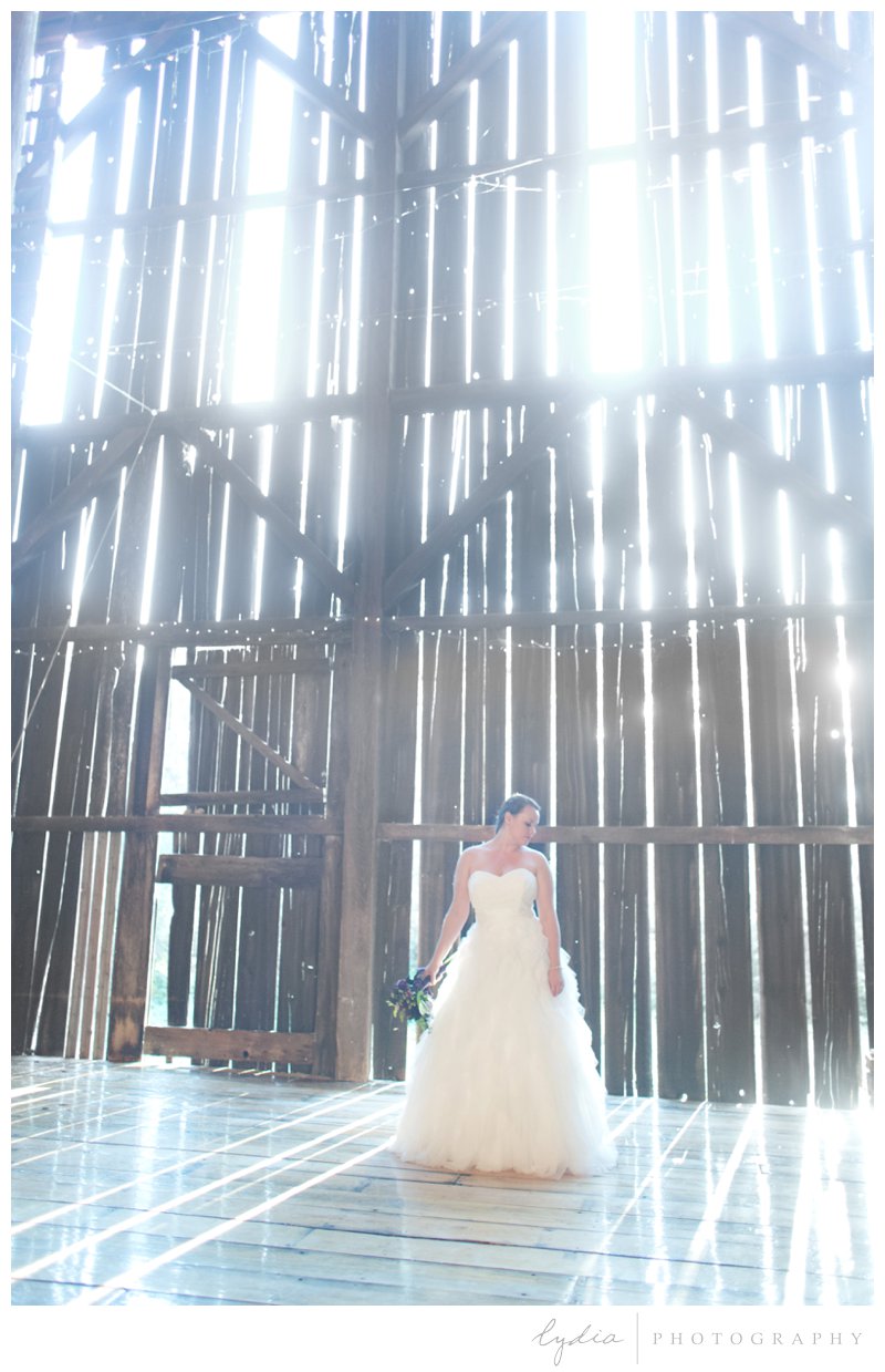 Bride posing in the barn at a barn at Squirrel Creek Ranch wedding in Grass Valley, California.