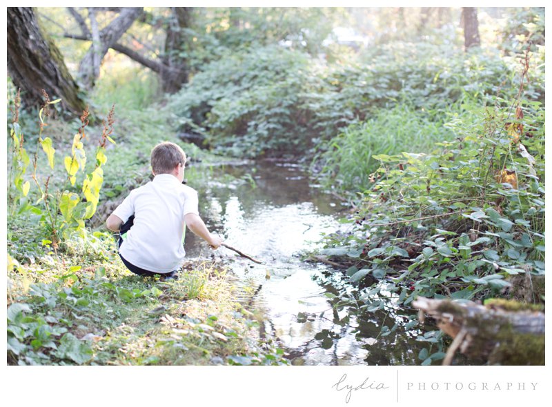 Little boy playing in a creek at a barn wedding at Squirrel Creek Ranch in Grass Valley, California.