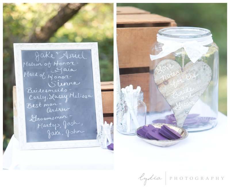 Love notes in a jar at a barn at Squirrel Creek Ranch wedding in Grass Valley, California.