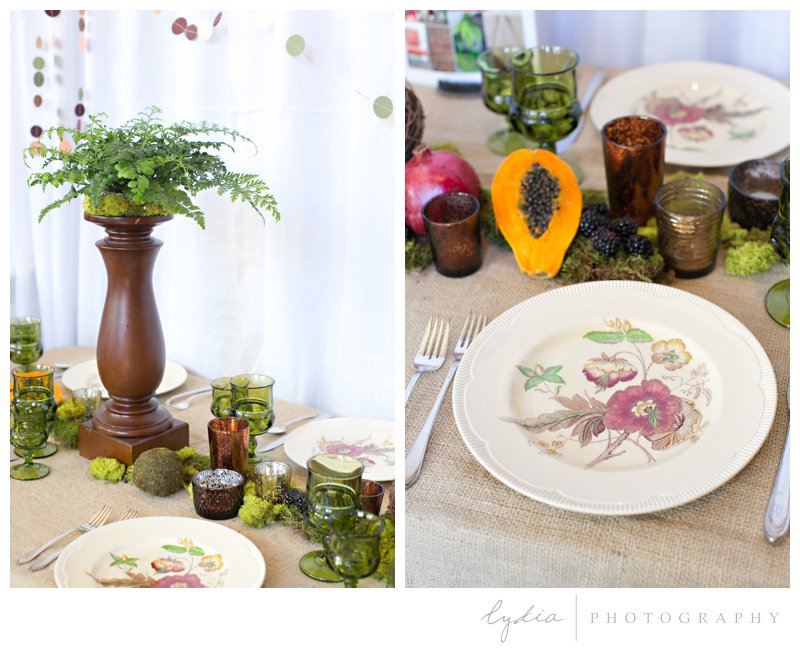 Bohemian table arrangement for bohemian wedding at Veterans Hall in Grass Valley, California.