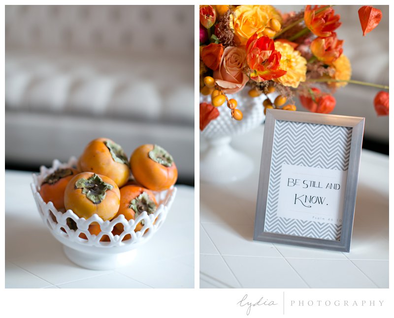 Persimmons and custom sign at Veterans Hall Art Deco ombre wedding bridal show in Grass Valley, California.