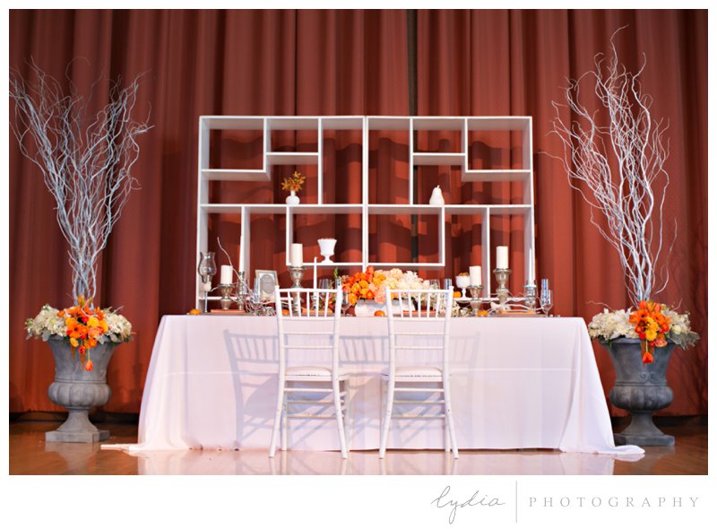 Art Deco reception table decor at Veterans Hall ombre wedding bridal show in Grass Valley, California.