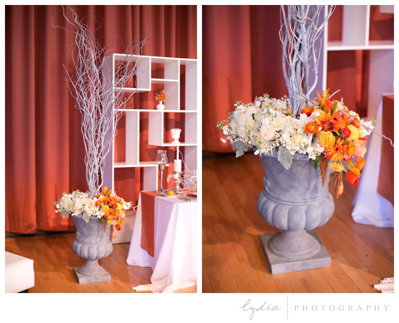 Art Deco ombre floral arrangement with birch branches at Veterans Hall ombre wedding bridal show in Grass Valley, California.