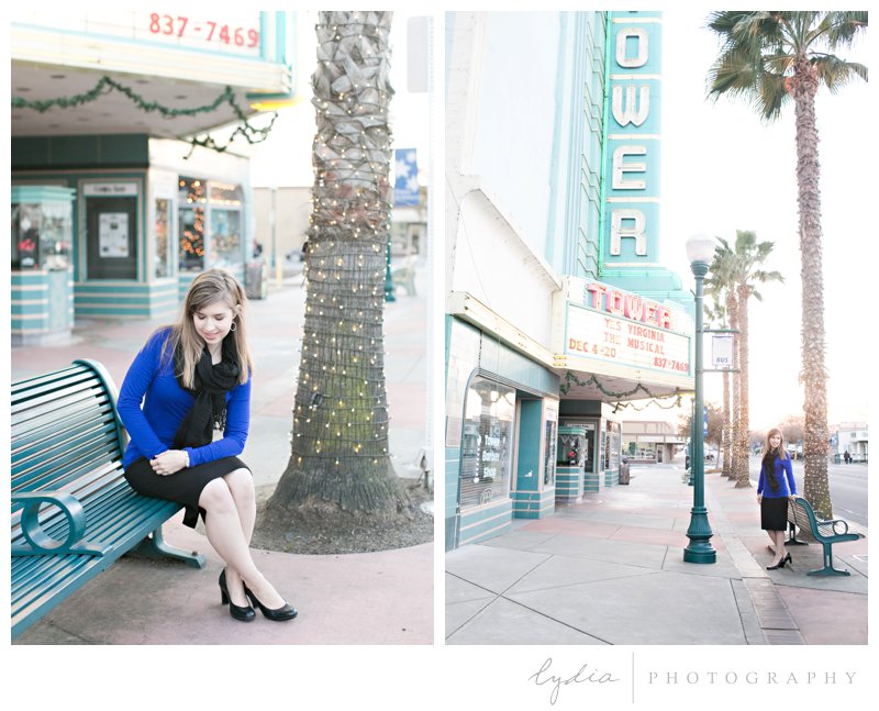 Girl sitting and standing in front of vintage movie theater for BJU senior portraits at Whitney Oaks in Rocklin, California.