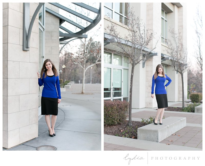 Girl standing by modern architecture for BJU senior portraits at Whitney Oaks in Rocklin, California.