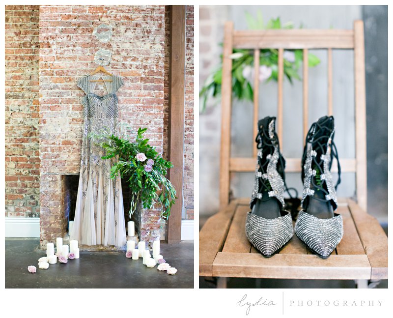 Adrianna Papell dress and bridal shoes at Old World Italy wedding.