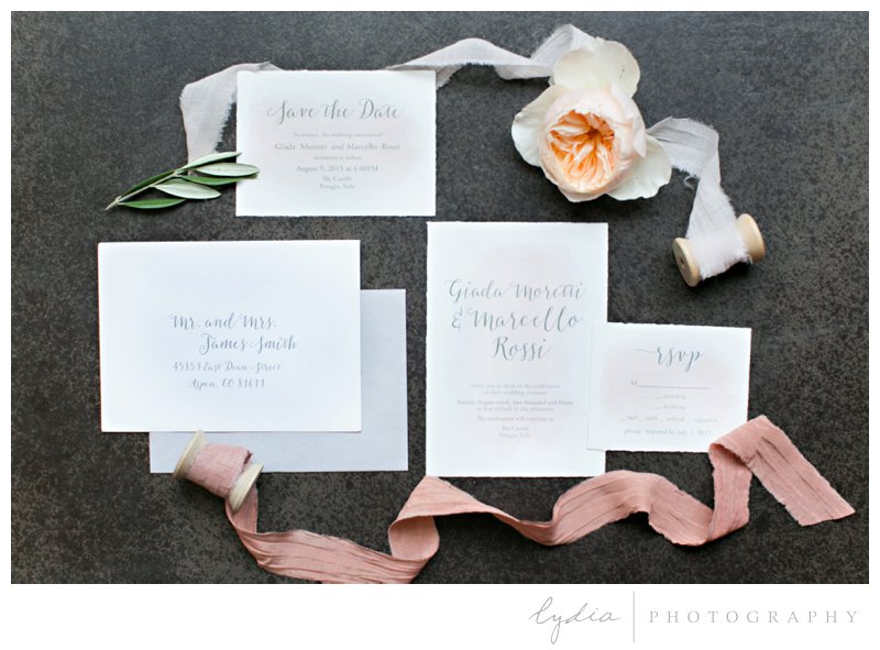 Blush watercolor invitation suite and paperie at Old World Italy wedding.
