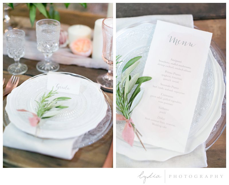 Place setting and reception menu at Old World Italy wedding.