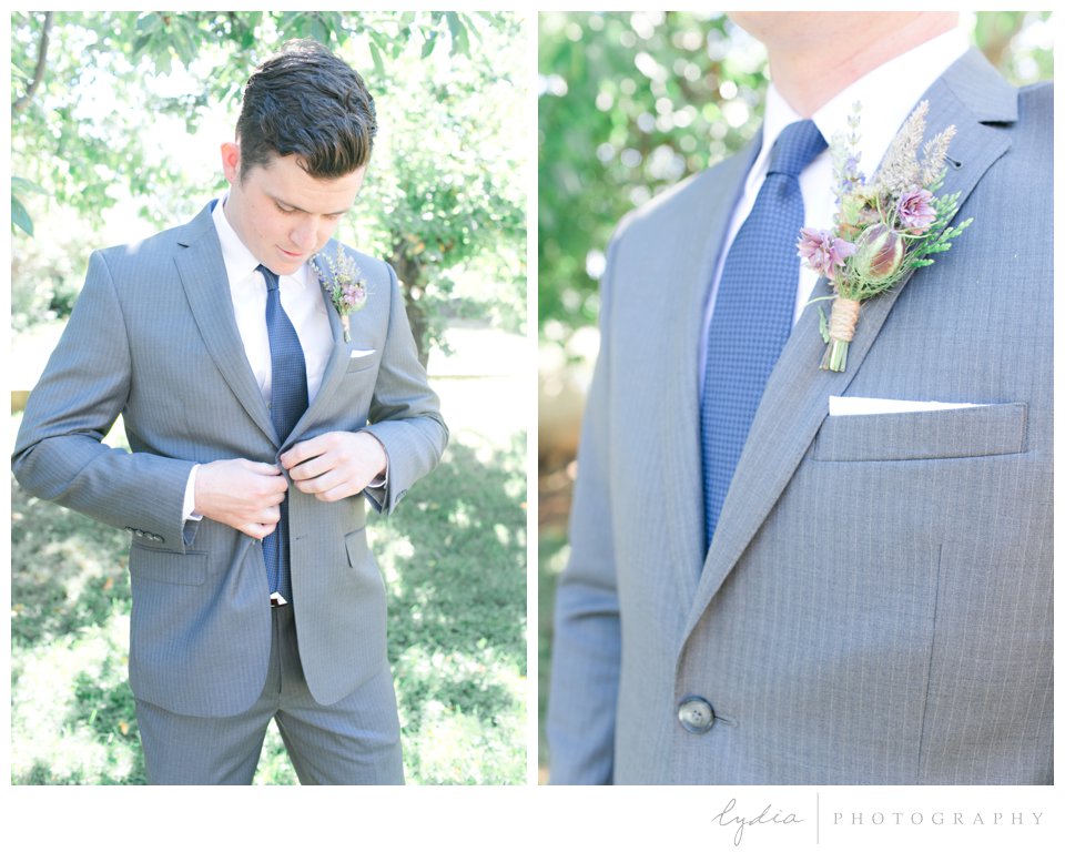 Groom and boutonniere at Lucchesi Vineyards in Grass Valley, California.
