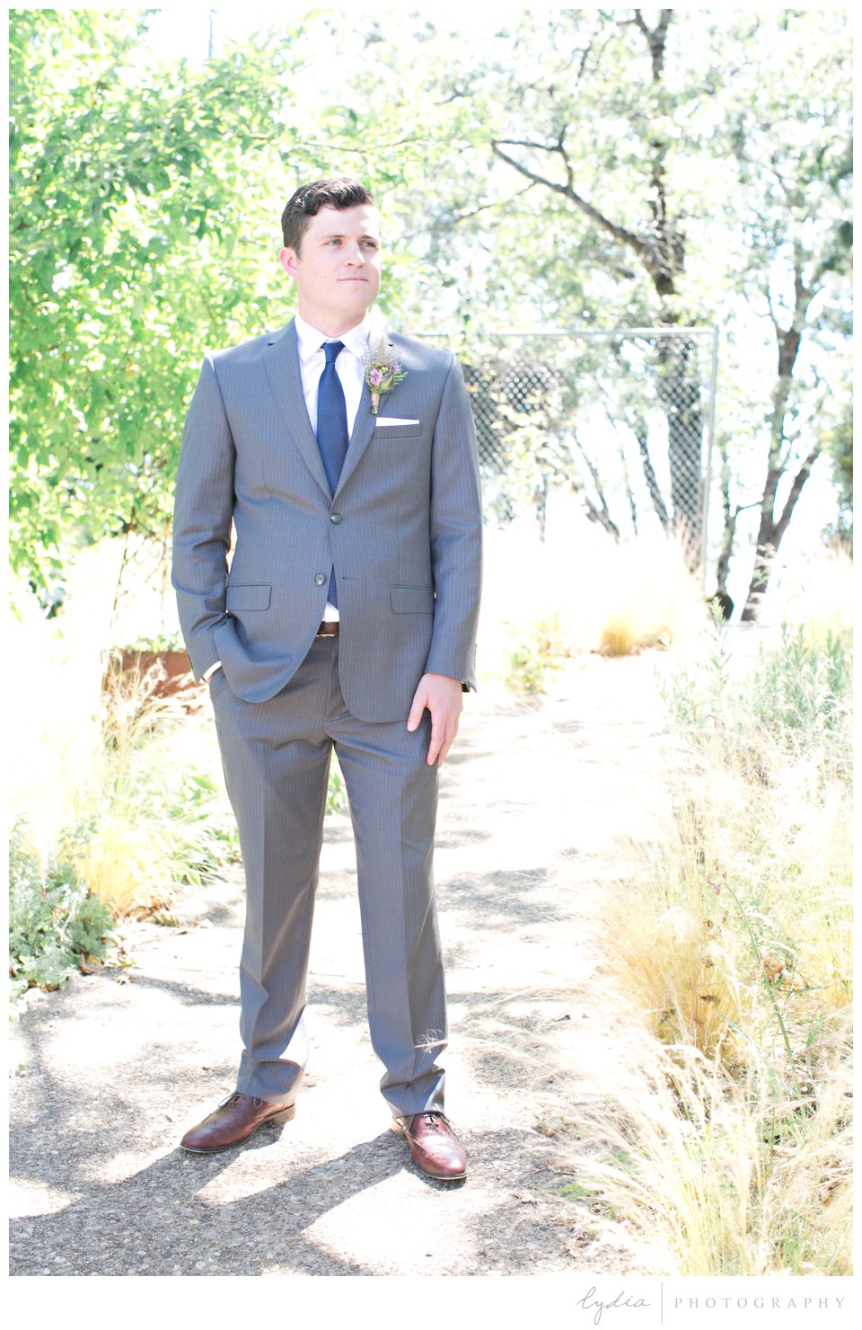 Groom ready for their First Look at Lucchesi Vineyards wedding in Grass Valley, California.