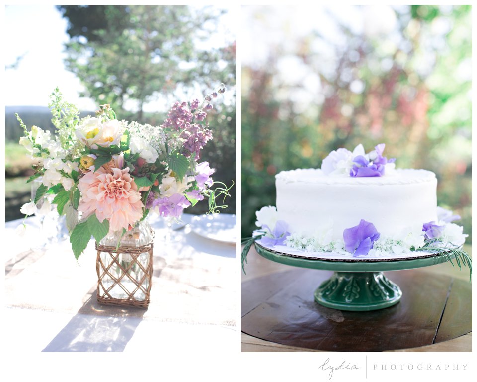 Bridal bouquet and wedding cake at Lucchesi Vineyards in Grass Valley, California.