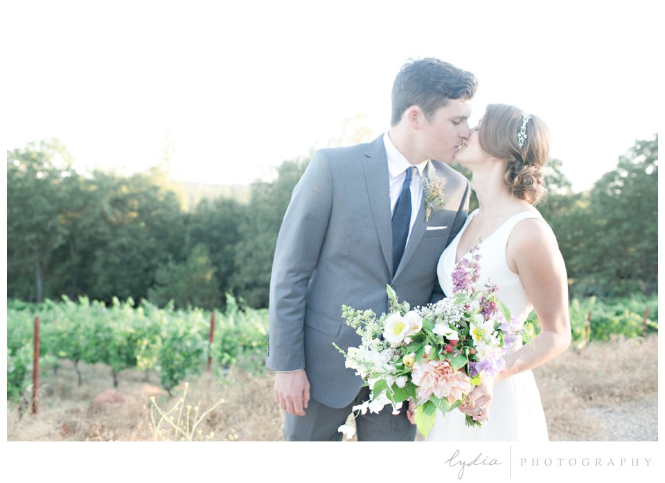 Bride and groom kissing at Lucchesi Vineyards wedding in Grass Valley, California.