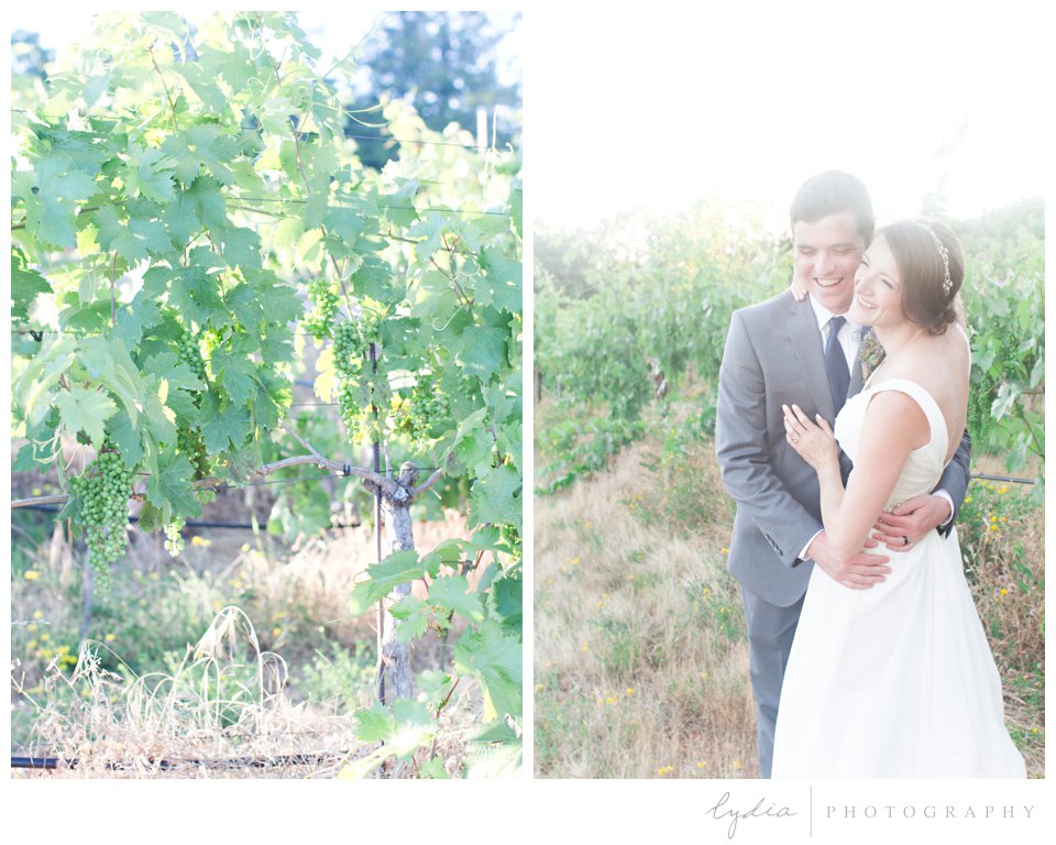 Bride and groom laughing at Lucchesi Vineyards wedding in Grass Valley, California.