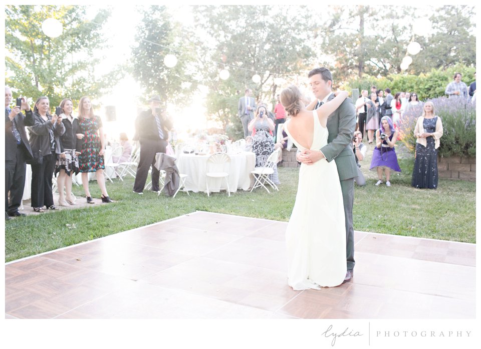 Bride and groom first dance at Lucchesi Vineyards in Grass Valley, California.