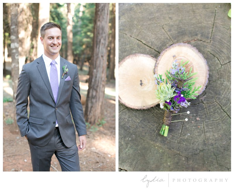Groom and boutonniere in the Tahoe forest at Harmony Ridge Lodge in Nevada City, California.