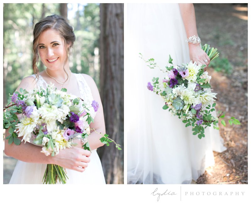 Bride and bridal bouqet in the Tahoe forest at Harmony Ridge Lodge in Nevada City, California.