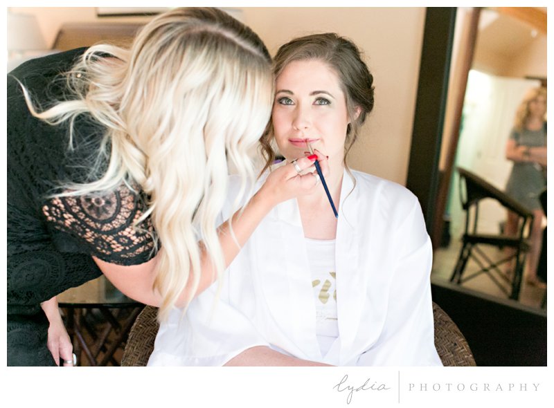 Bridal makeup in the Tahoe forest at Harmony Ridge Lodge in Nevada City, California.
