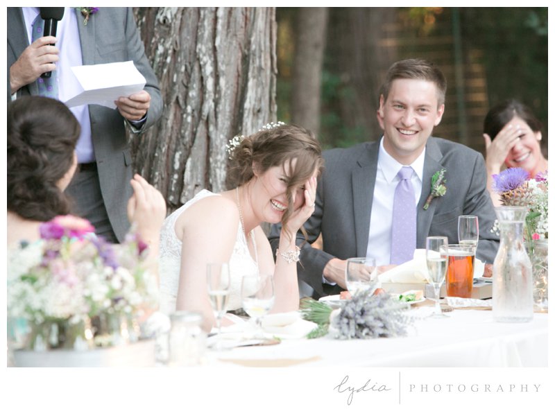 Weddings toasts in the Tahoe forest at Harmony Ridge Lodge in Nevada City, California.