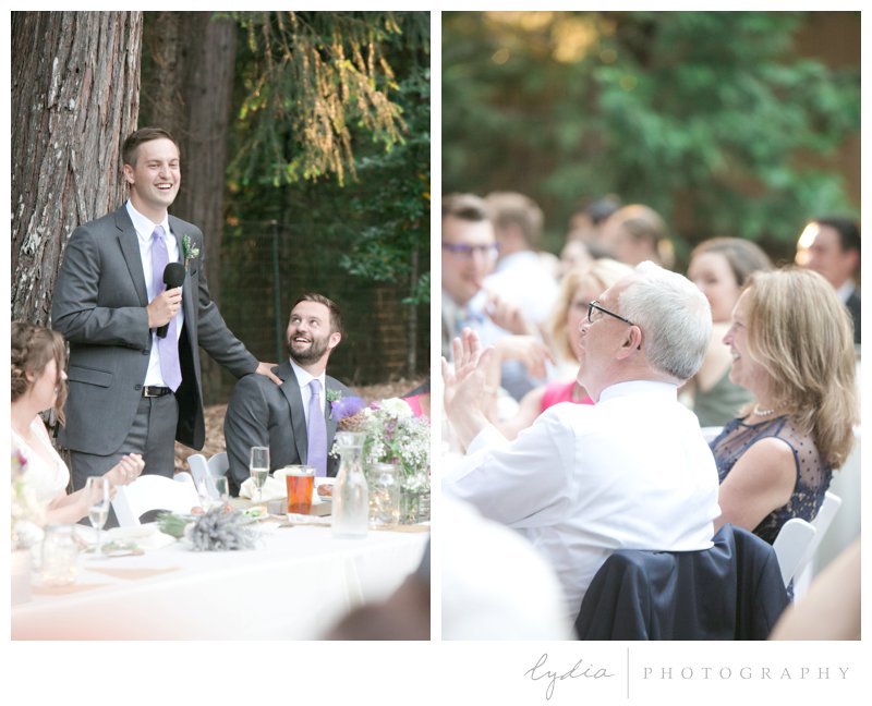 Groom and toasts in the Tahoe forest at Harmony Ridge Lodge in Nevada City, California.
