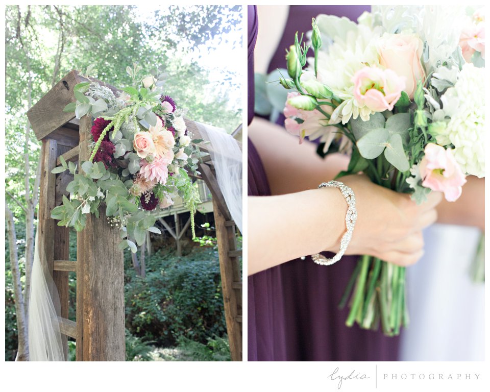 Sweet Roots Farm floral swags and bridesmaid's bracelet at Northern Queen Inn Wedding in Nevada City, California.