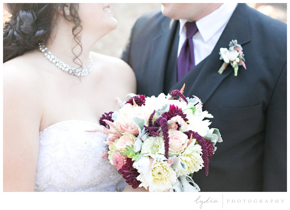 Bride, groom, and bridal bouquet at Northern Queen Inn Wedding in Nevada City, California.