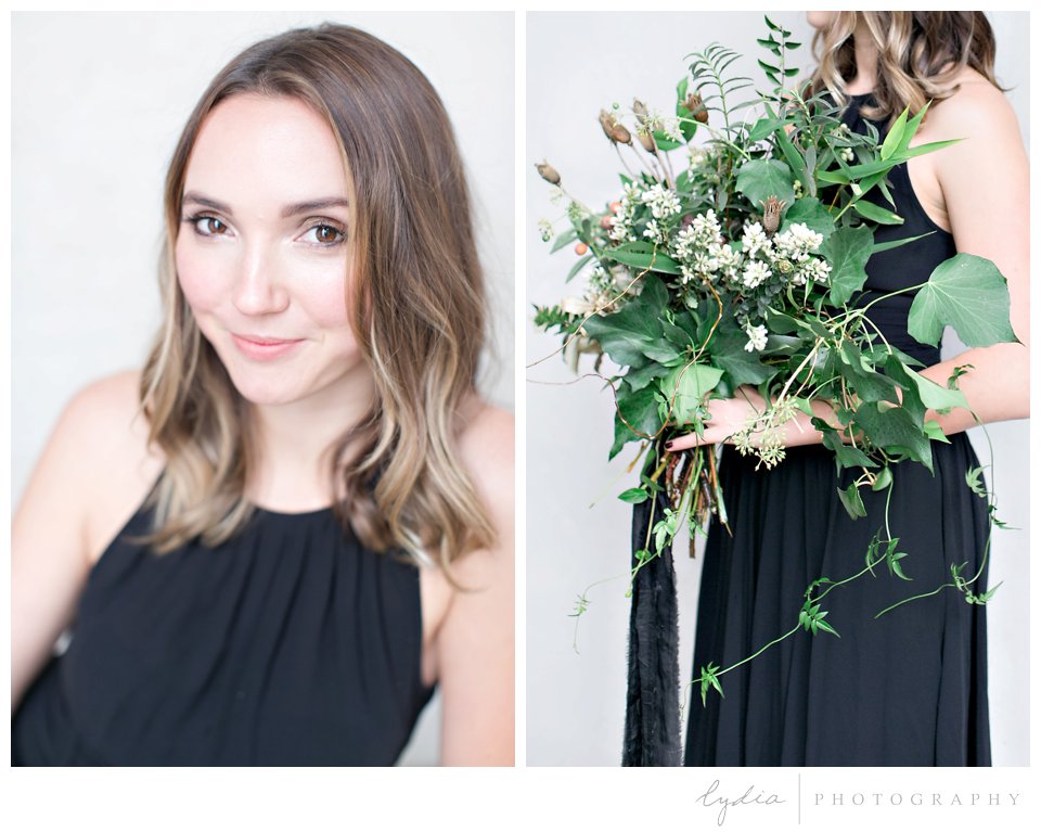 Bride and foraged bouquet at intimate elopement for European wedding styled inspiration.