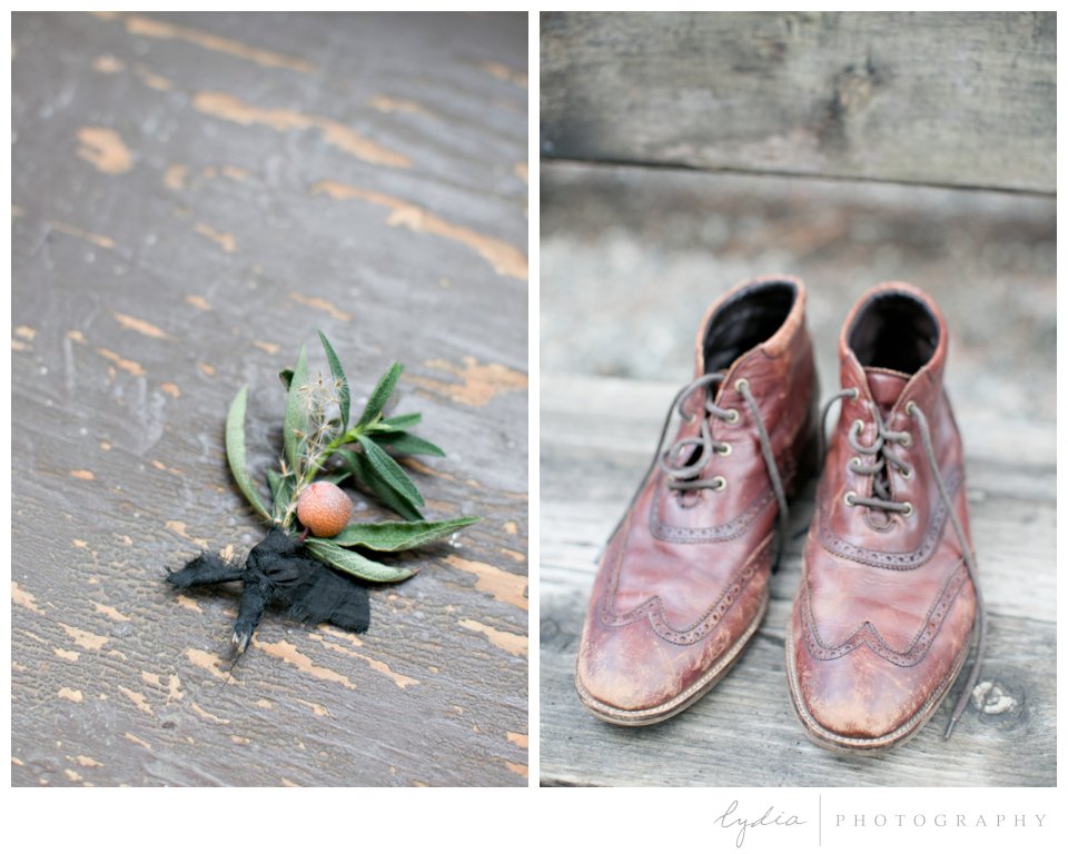 Boutonniere and groom's shoes at intimate elopement for European wedding styled inspiration.