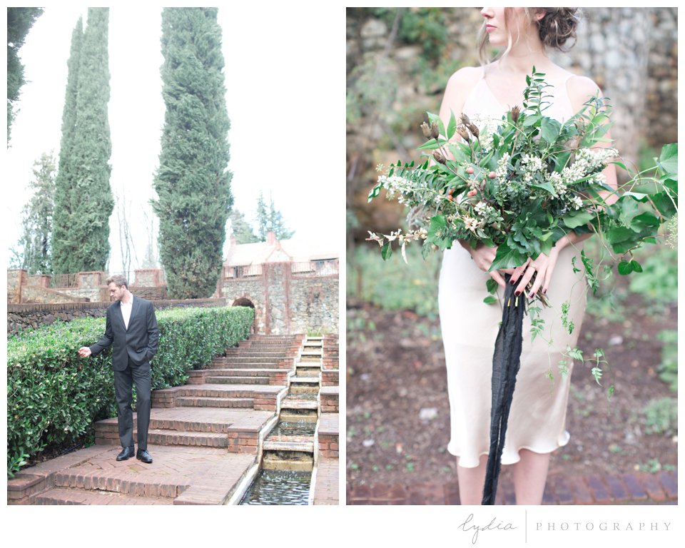 Groom and bride holding foraged bouquet at intimate elopement for European wedding styled inspiration.