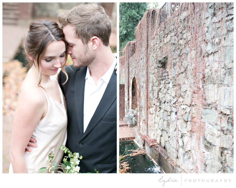 Bride and groom by garden pools at intimate elopement for European wedding styled inspiration.