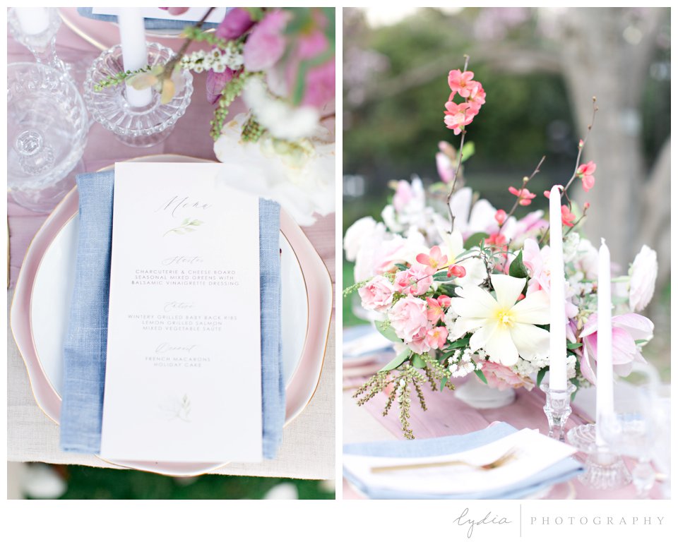 Menu and table floral centerpiece at California capitol in film wedding photography.