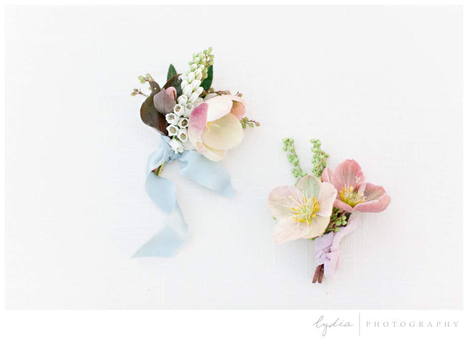 Boutonnieres at California capitol in film wedding photography.