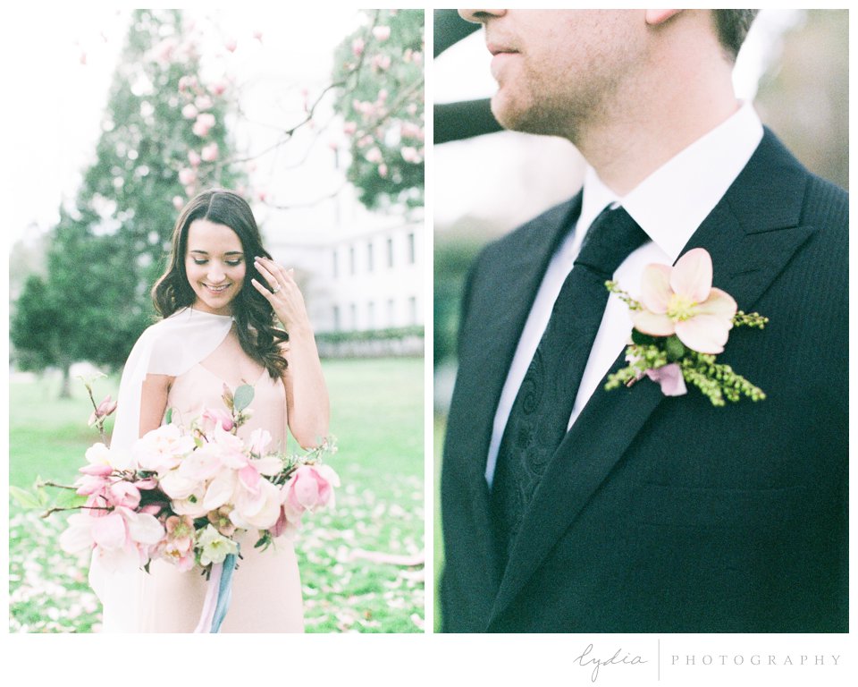 Bride and groom at California capitol in film wedding photography.