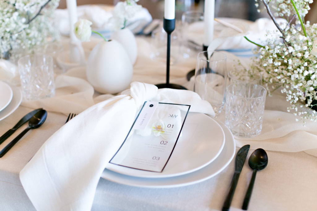 Modern, black and white wedding place setting